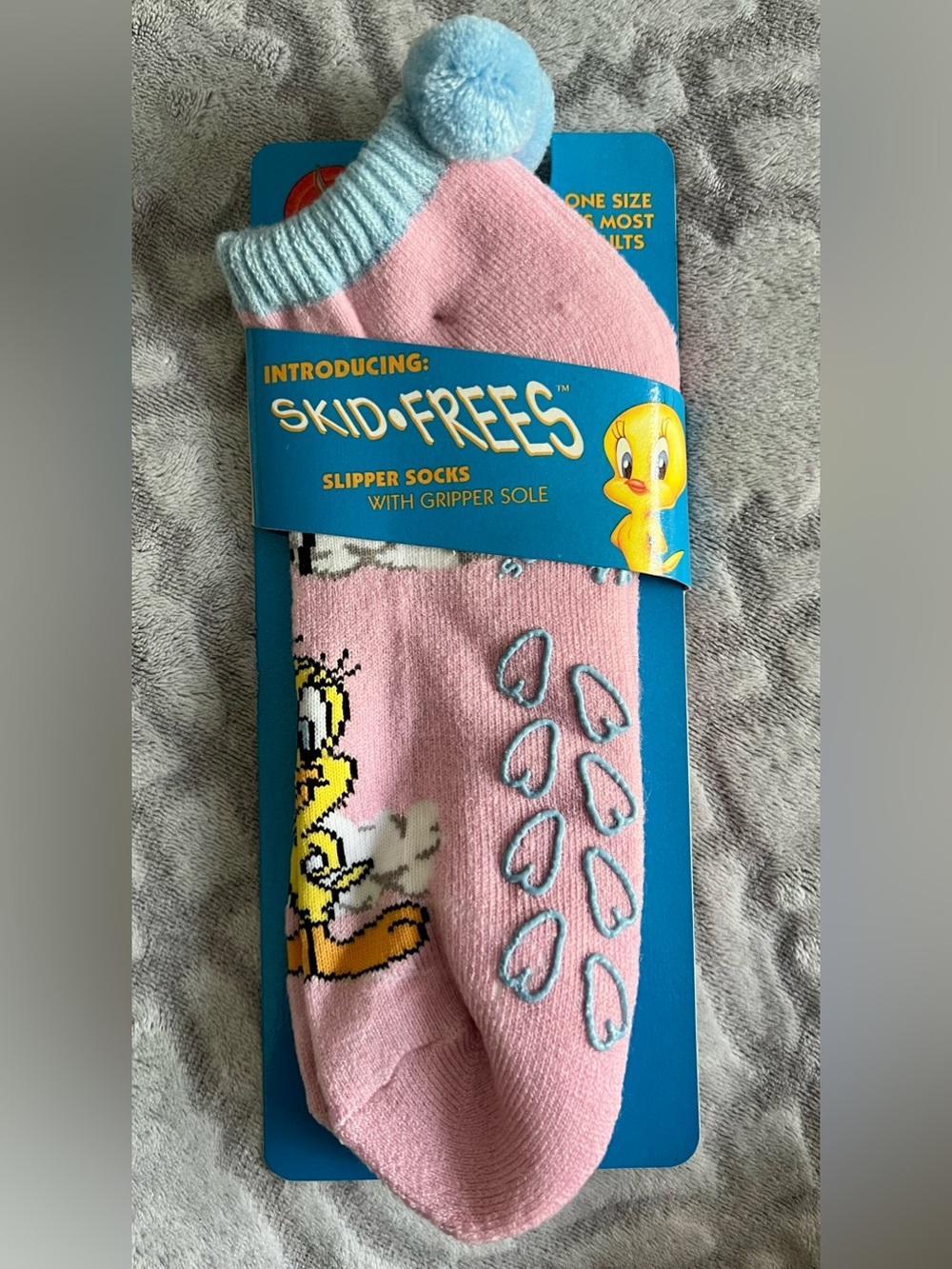 Vintage Looney Tunes Tweety Pink Slipper Socks Blue Pom Poms NWT One Size